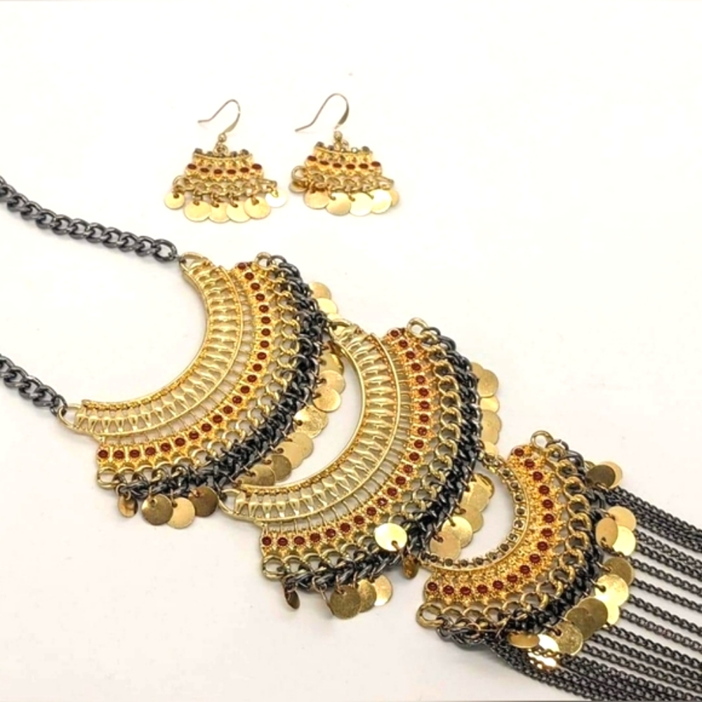 Bohemian Tribal Jewelry Set: Multi-Strand Coin Necklace & Earrings - Picture 3 of 10